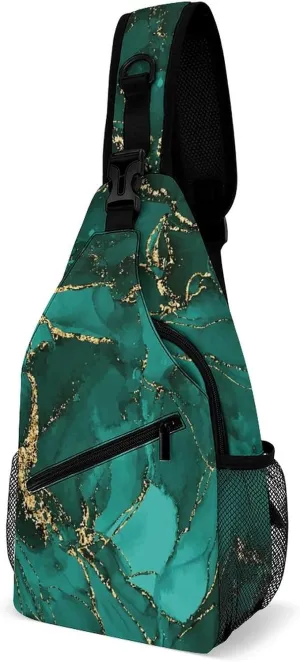 Women Men Lightweight Anti-Theft Casual for gold glitter Watercolor ink splash paint teal Sling Chest Crossbody Shoulder Bag With Adjustable Strap For Hiking Running Outdoor