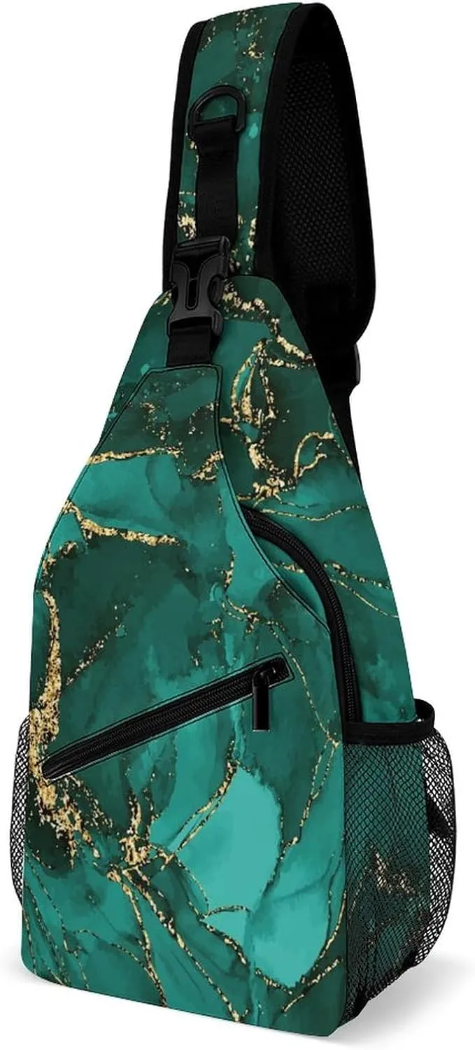 Women Men Lightweight Anti-Theft Casual for gold glitter Watercolor ink splash paint teal Sling Chest Crossbody Shoulder Bag With Adjustable Strap For Hiking Running Outdoor