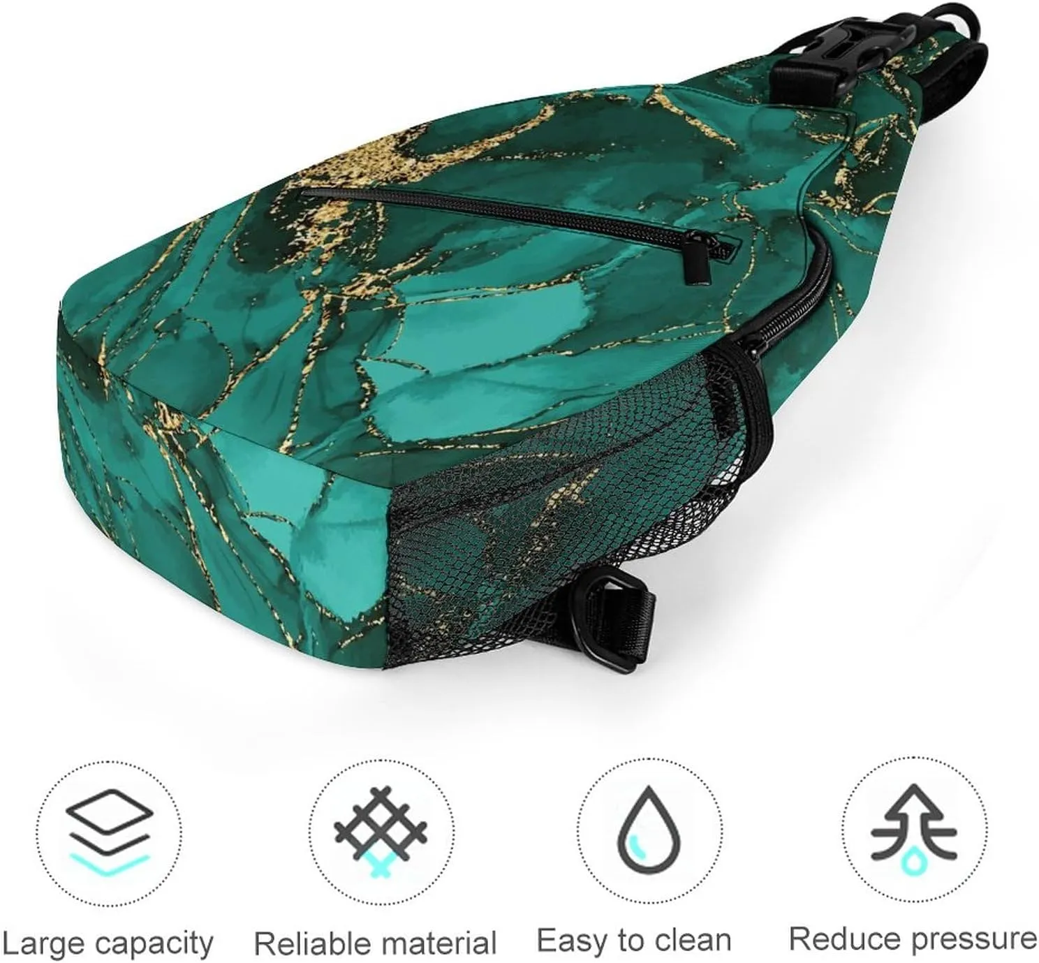 Women Men Lightweight Anti-Theft Casual for gold glitter Watercolor ink splash paint teal Sling Chest Crossbody Shoulder Bag With Adjustable Strap For Hiking Running Outdoor