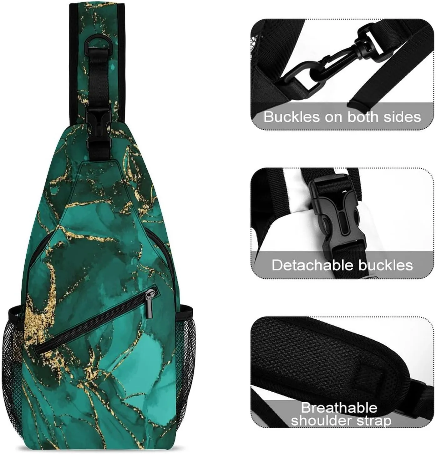 Women Men Lightweight Anti-Theft Casual for gold glitter Watercolor ink splash paint teal Sling Chest Crossbody Shoulder Bag With Adjustable Strap For Hiking Running Outdoor