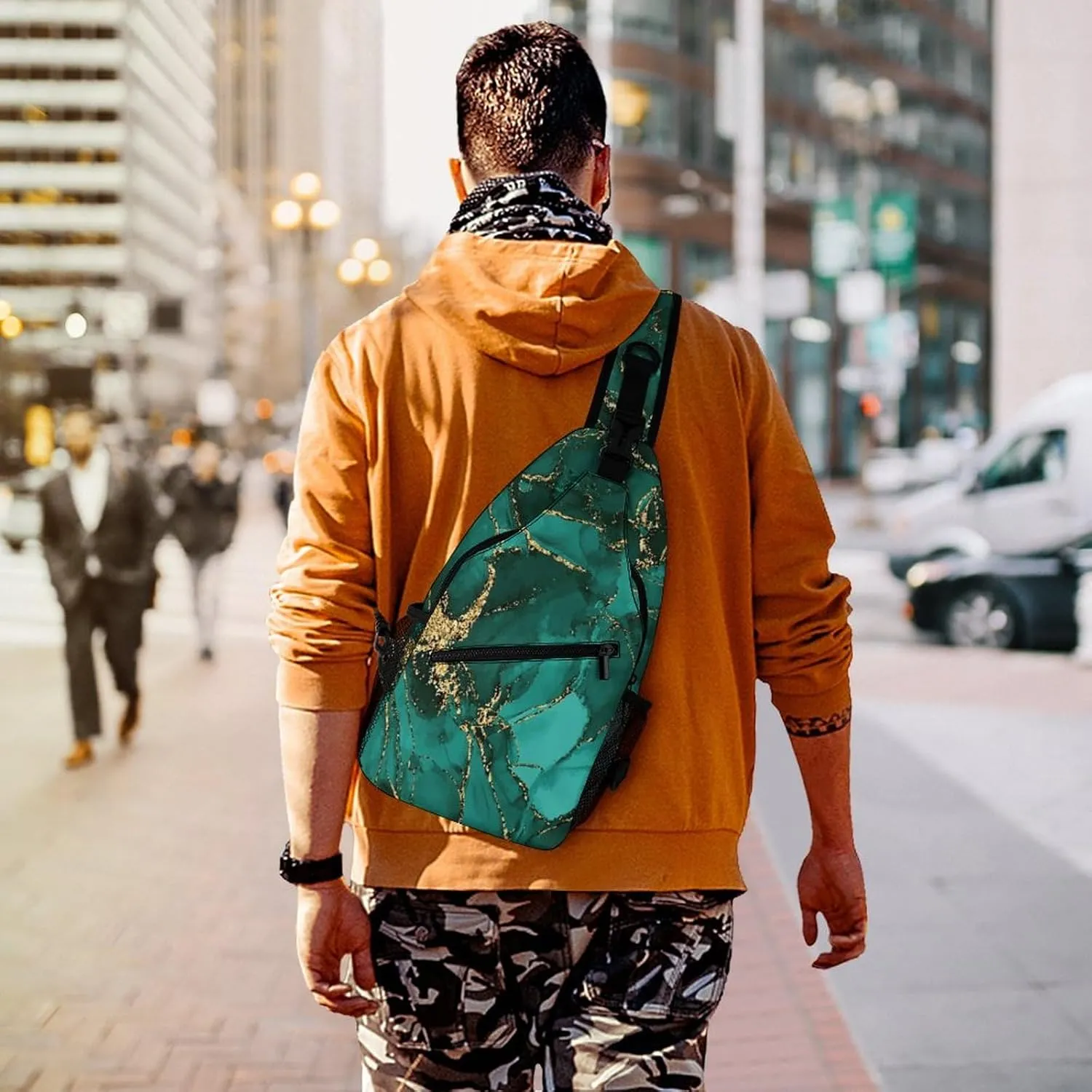 Women Men Lightweight Anti-Theft Casual for gold glitter Watercolor ink splash paint teal Sling Chest Crossbody Shoulder Bag With Adjustable Strap For Hiking Running Outdoor