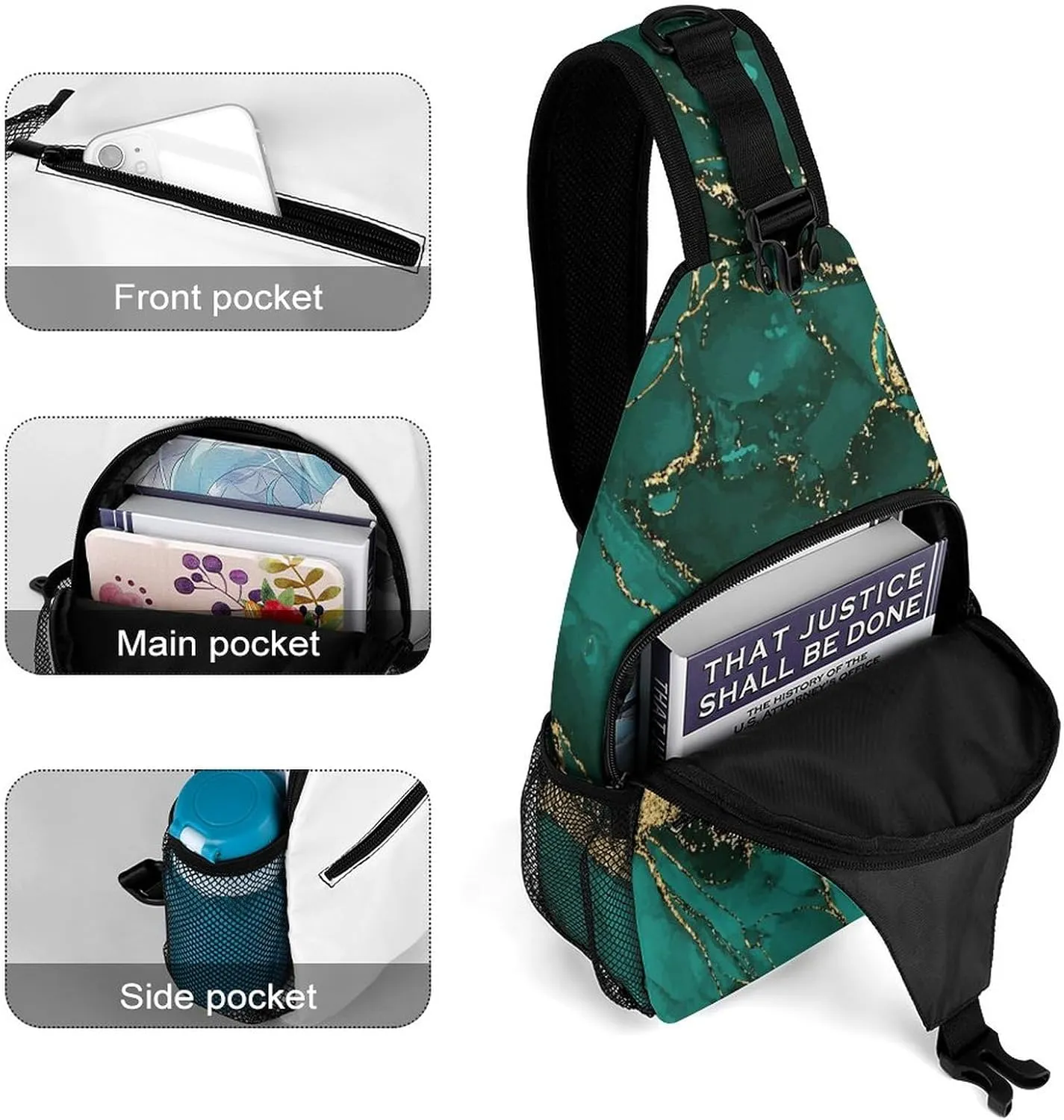 Women Men Lightweight Anti-Theft Casual for gold glitter Watercolor ink splash paint teal Sling Chest Crossbody Shoulder Bag With Adjustable Strap For Hiking Running Outdoor