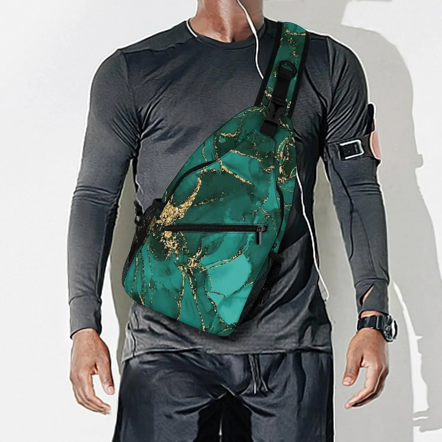 Women Men Lightweight Anti-Theft Casual for gold glitter Watercolor ink splash paint teal Sling Chest Crossbody Shoulder Bag With Adjustable Strap For Hiking Running Outdoor
