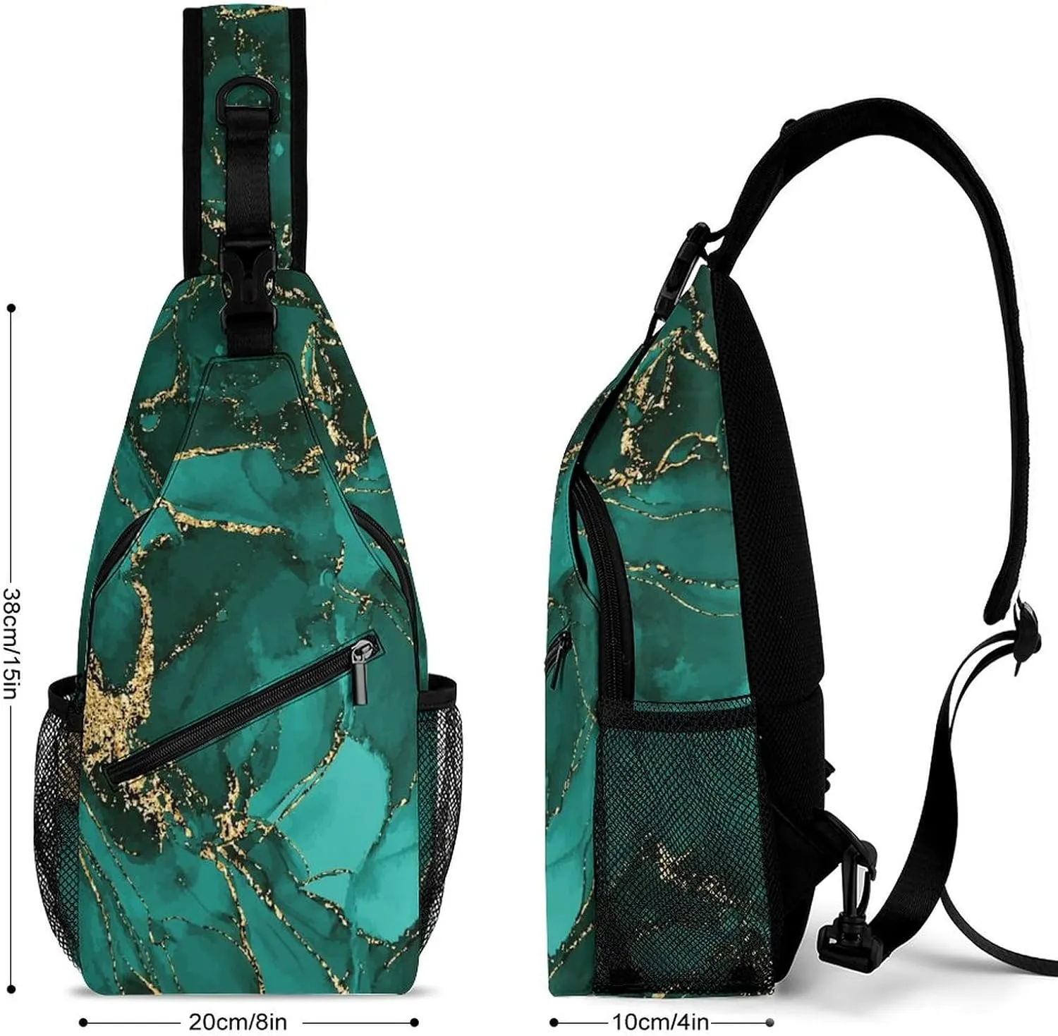 Women Men Lightweight Anti-Theft Casual for gold glitter Watercolor ink splash paint teal Sling Chest Crossbody Shoulder Bag With Adjustable Strap For Hiking Running Outdoor
