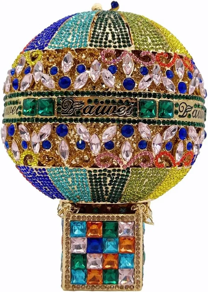 Women Novelty Hot Air Balloon Rhinestone Clutch Purse Glitter Crystal Evening Handbag for Party Cocktail Wedding