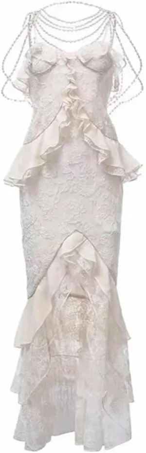 Women Pearl Decor Celebrity Slim Ruffles Midi Long Party Dresses Lady Vintage Stylish Dress