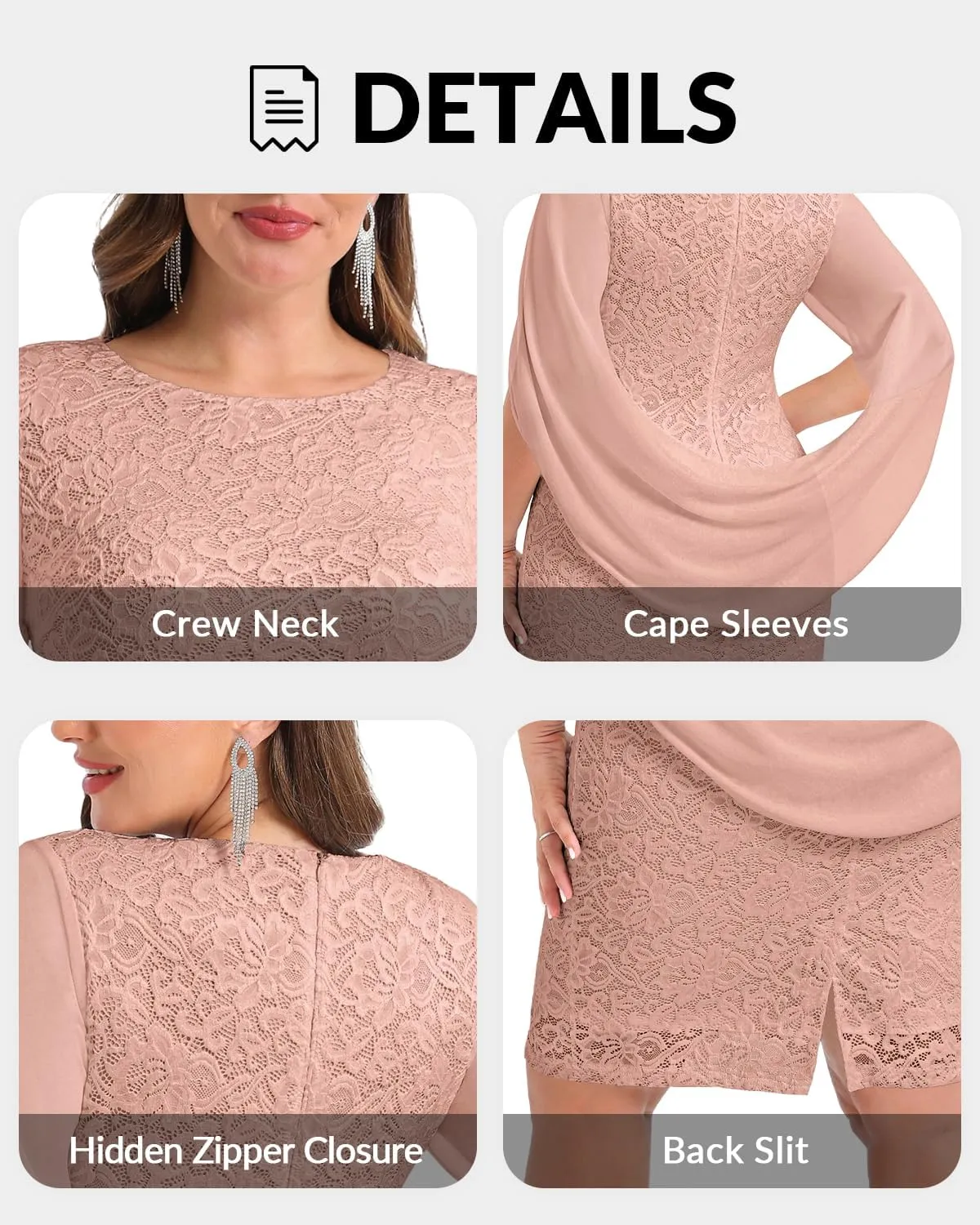 Women Plus Size Wedding Guest Dresses - Cape Sleeve Cocktail Church semi Formal lace Dress