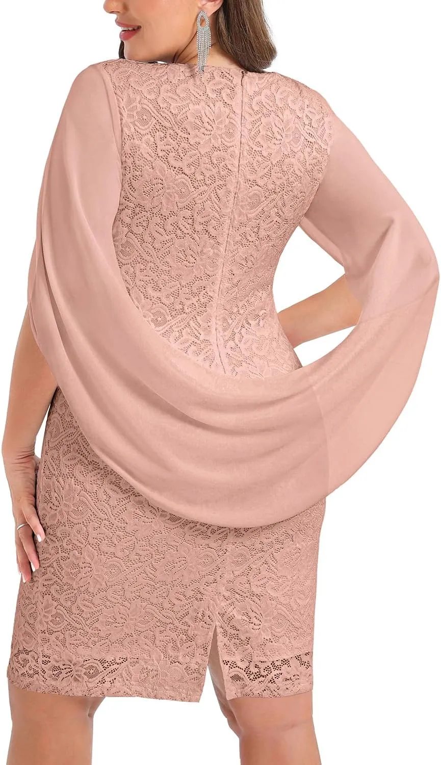 Women Plus Size Wedding Guest Dresses - Cape Sleeve Cocktail Church semi Formal lace Dress