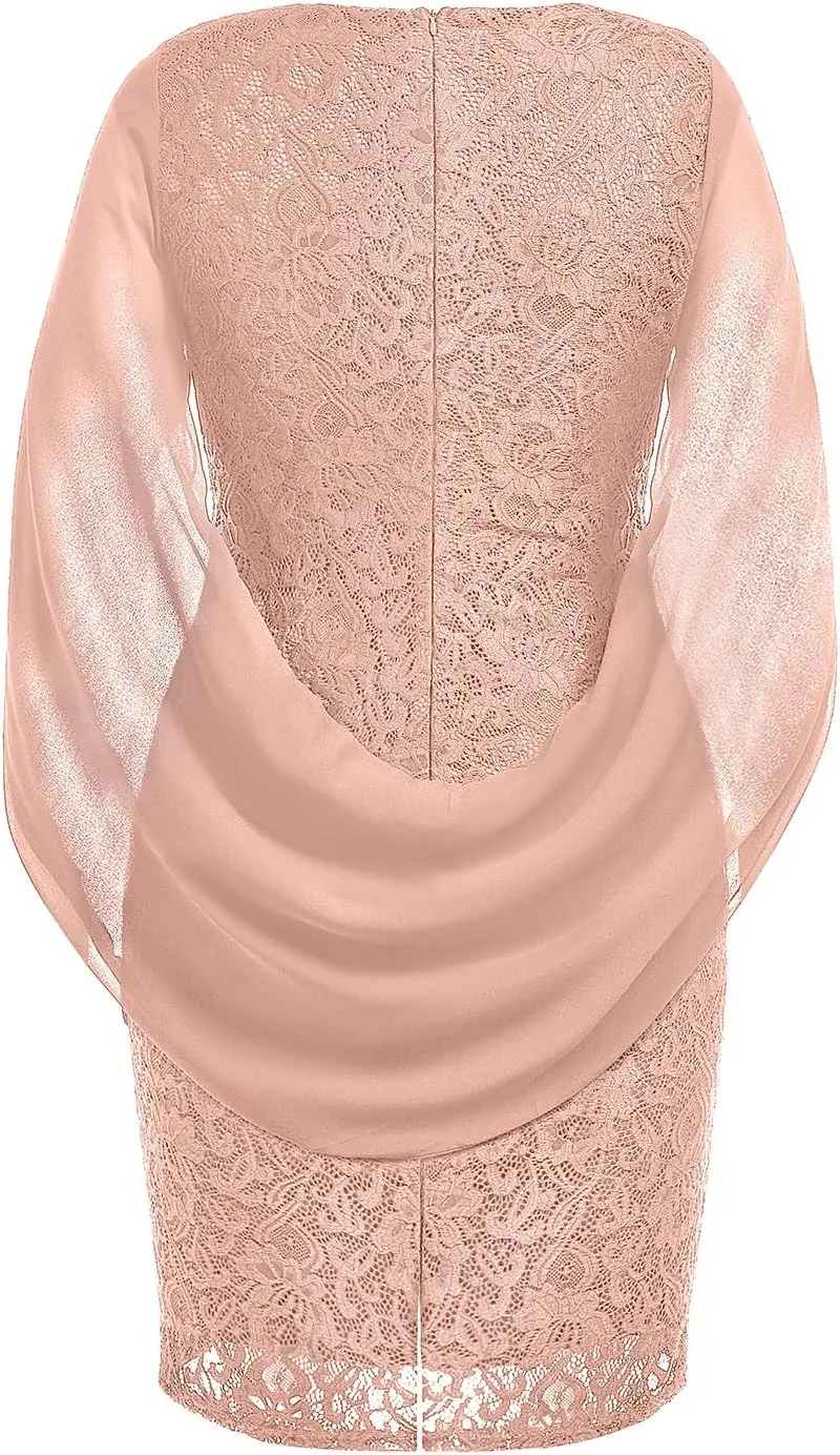 Women Plus Size Wedding Guest Dresses - Cape Sleeve Cocktail Church semi Formal lace Dress