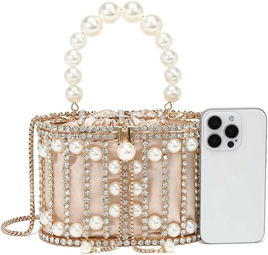 Women Rhinestone Cage Bag Sparkling Hollow Pearl Evening Clutch Glitter Double-layer Detachable Basket Handbag