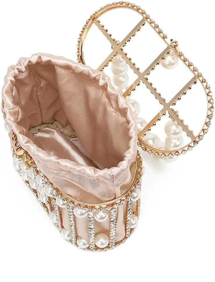 Women Rhinestone Cage Bag Sparkling Hollow Pearl Evening Clutch Glitter Double-layer Detachable Basket Handbag