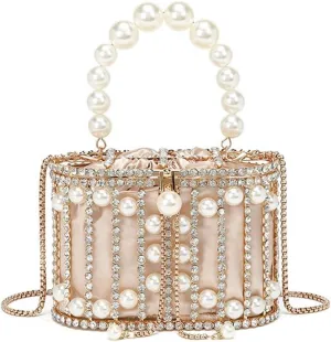 Women Rhinestone Cage Bag Sparkling Hollow Pearl Evening Clutch Glitter Double-layer Detachable Basket Handbag