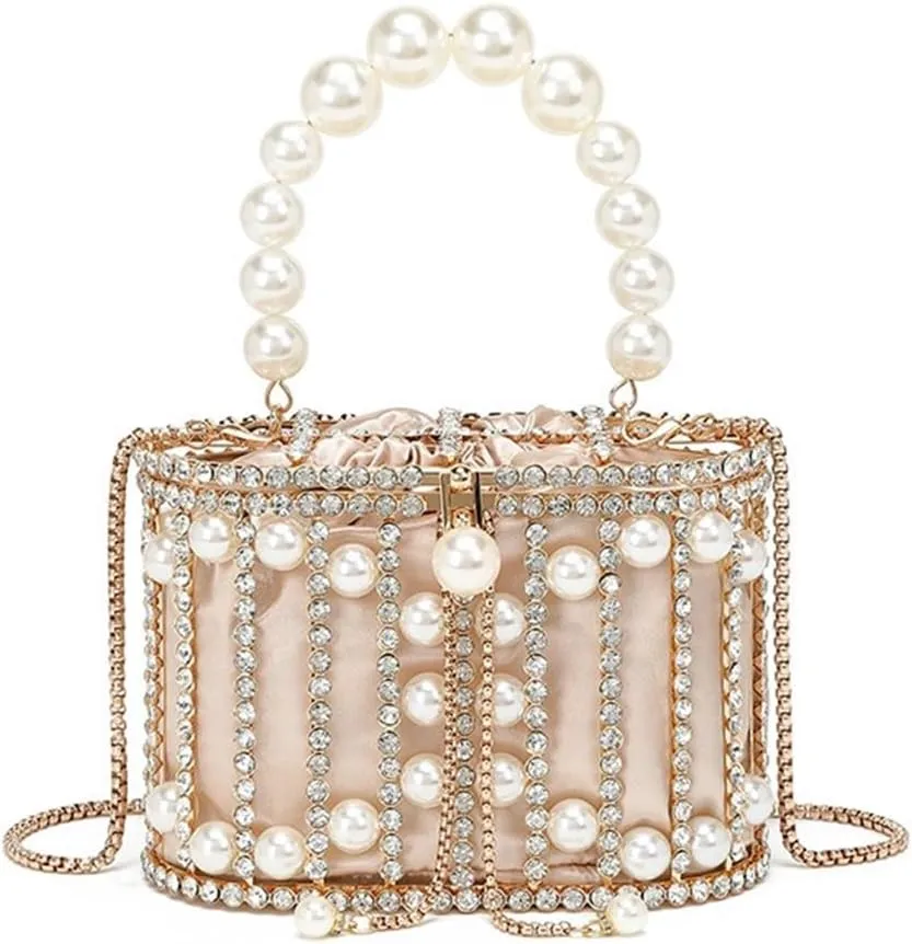 Women Rhinestone Cage Bag Sparkling Hollow Pearl Evening Clutch Glitter Double-layer Detachable Basket Handbag