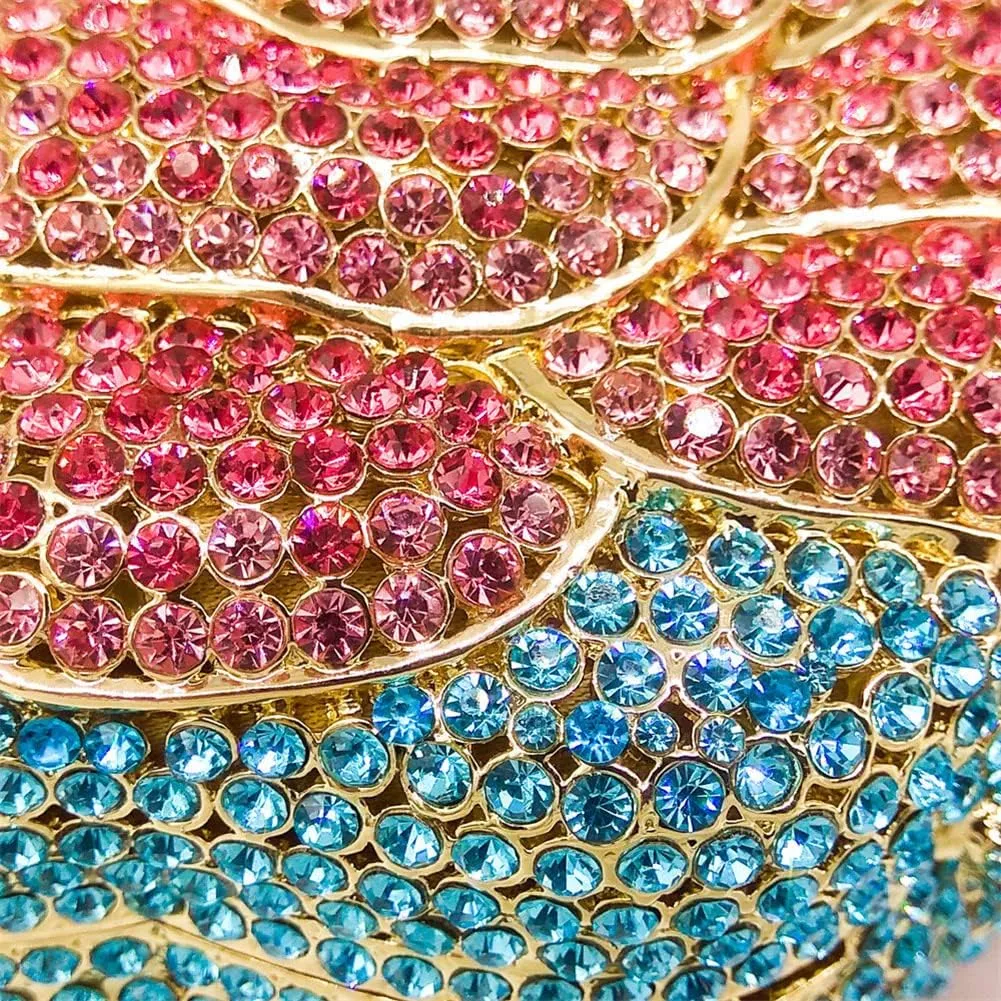 Women Round Rose Flower Crystal Evening Clutch Elegant Rhinestone Bride Purse Party Prom Wedding Handbag