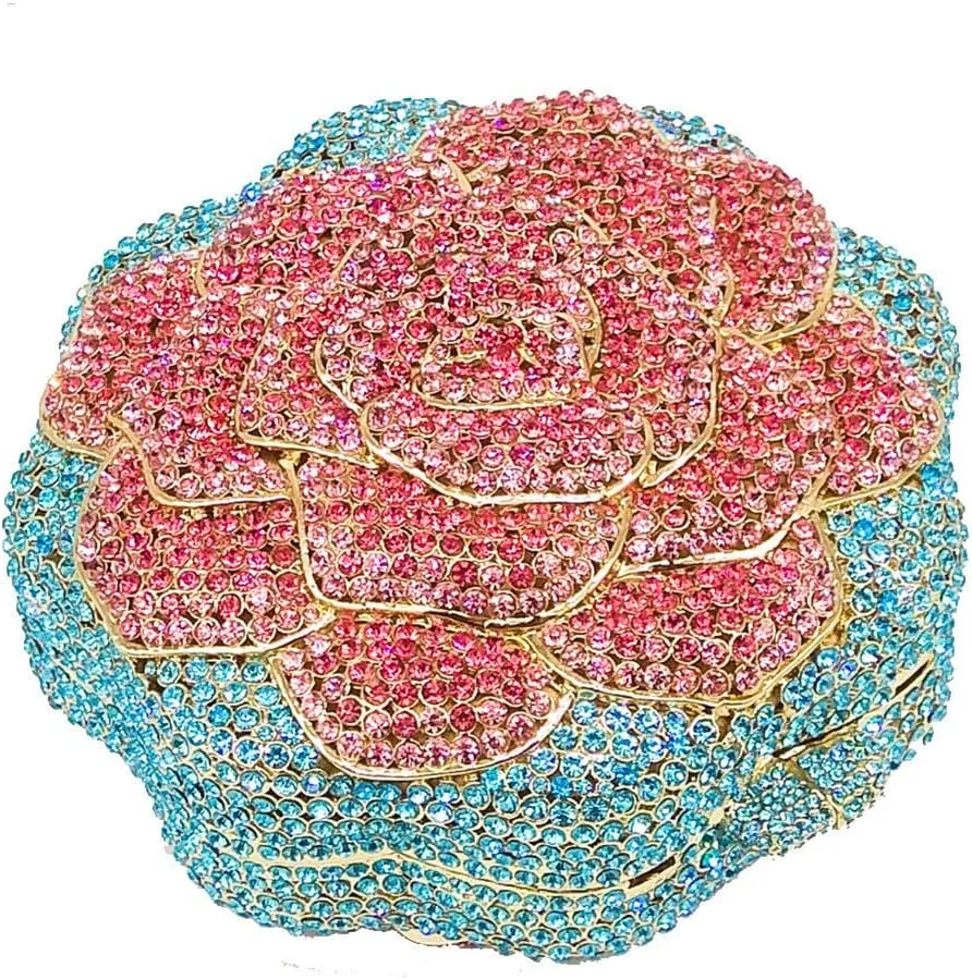 Women Round Rose Flower Crystal Evening Clutch Elegant Rhinestone Bride Purse Party Prom Wedding Handbag