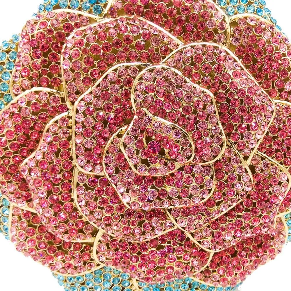 Women Round Rose Flower Crystal Evening Clutch Elegant Rhinestone Bride Purse Party Prom Wedding Handbag