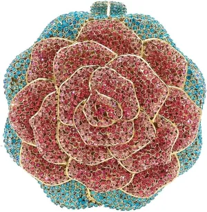 Women Round Rose Flower Crystal Evening Clutch Elegant Rhinestone Bride Purse Party Prom Wedding Handbag
