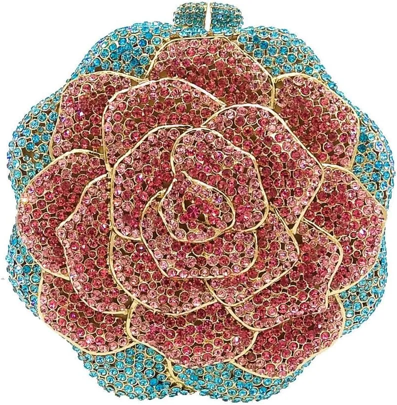 Women Round Rose Flower Crystal Evening Clutch Elegant Rhinestone Bride Purse Party Prom Wedding Handbag