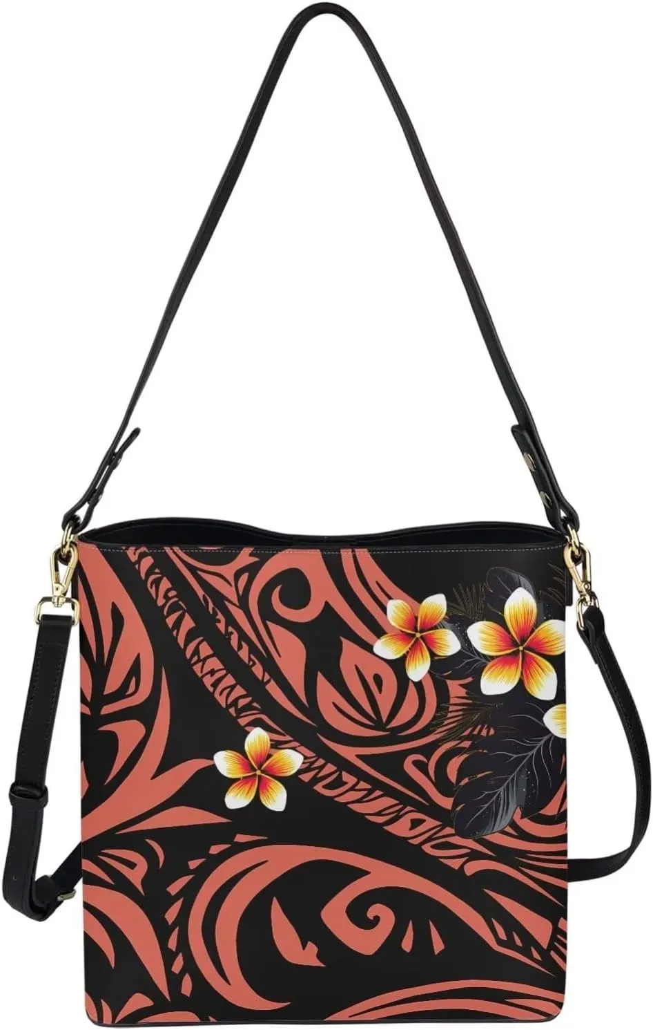 Women Shoulder Bucket Tote Crossbody Bag, Hawaiian Tribal PU Leather Bucket Handbag Tropical Floral Hobo Bag Purse