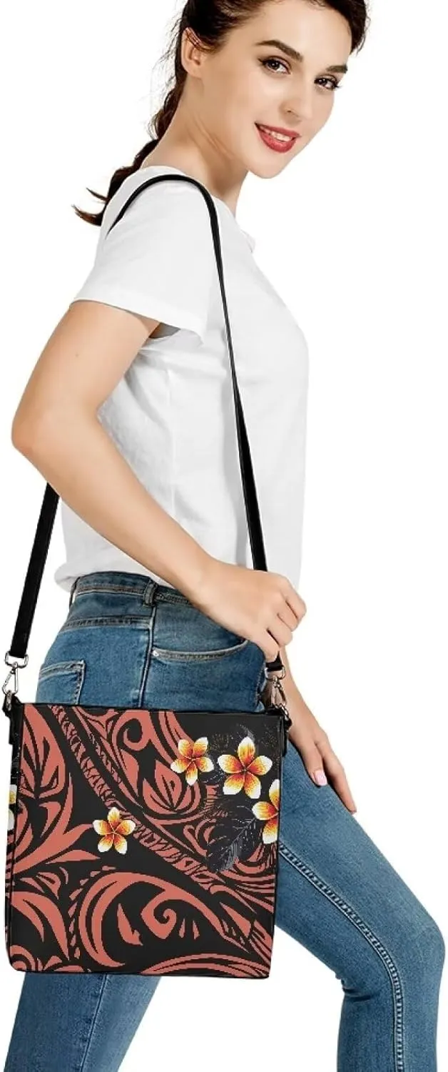 Women Shoulder Bucket Tote Crossbody Bag, Hawaiian Tribal PU Leather Bucket Handbag Tropical Floral Hobo Bag Purse