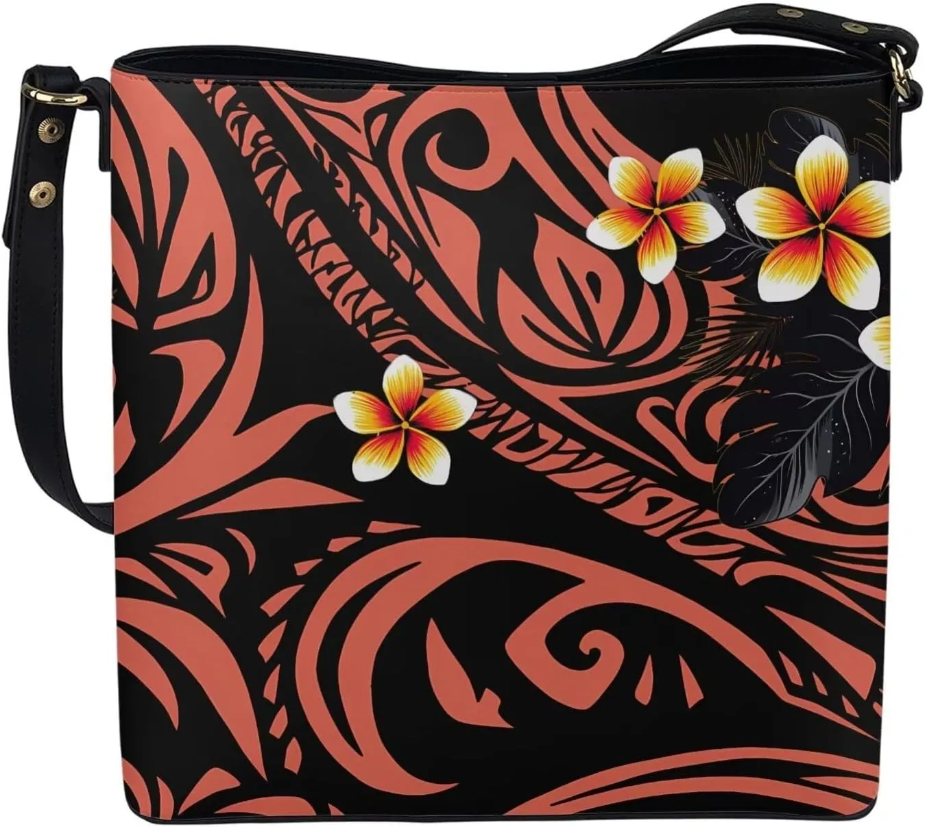 Women Shoulder Bucket Tote Crossbody Bag, Hawaiian Tribal PU Leather Bucket Handbag Tropical Floral Hobo Bag Purse