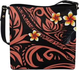Women Shoulder Bucket Tote Crossbody Bag, Hawaiian Tribal PU Leather Bucket Handbag Tropical Floral Hobo Bag Purse