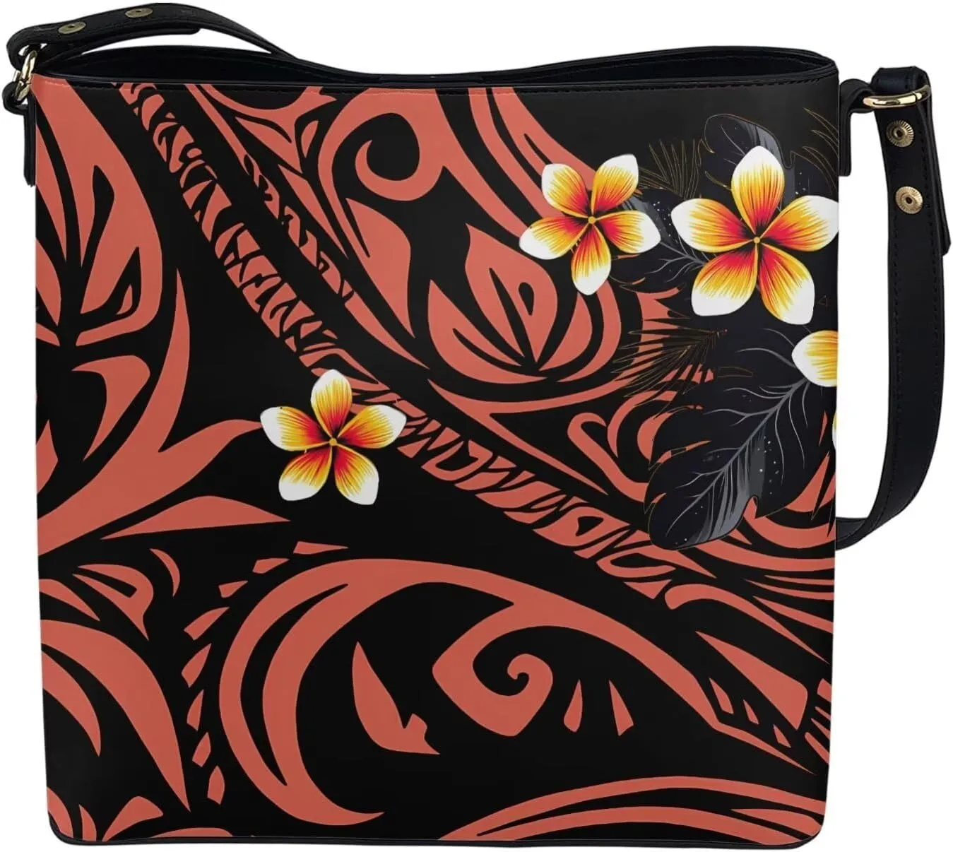 Women Shoulder Bucket Tote Crossbody Bag, Hawaiian Tribal PU Leather Bucket Handbag Tropical Floral Hobo Bag Purse