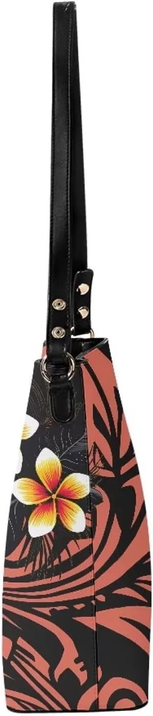 Women Shoulder Bucket Tote Crossbody Bag, Hawaiian Tribal PU Leather Bucket Handbag Tropical Floral Hobo Bag Purse