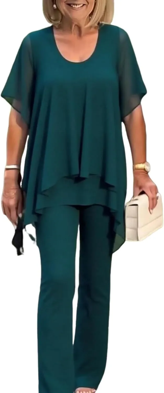 Women Summer 2 Piece Outfits Elegant Green Round Neck Short Sleeve Top Wide Leg Pants Lounge Beach Travel Sets