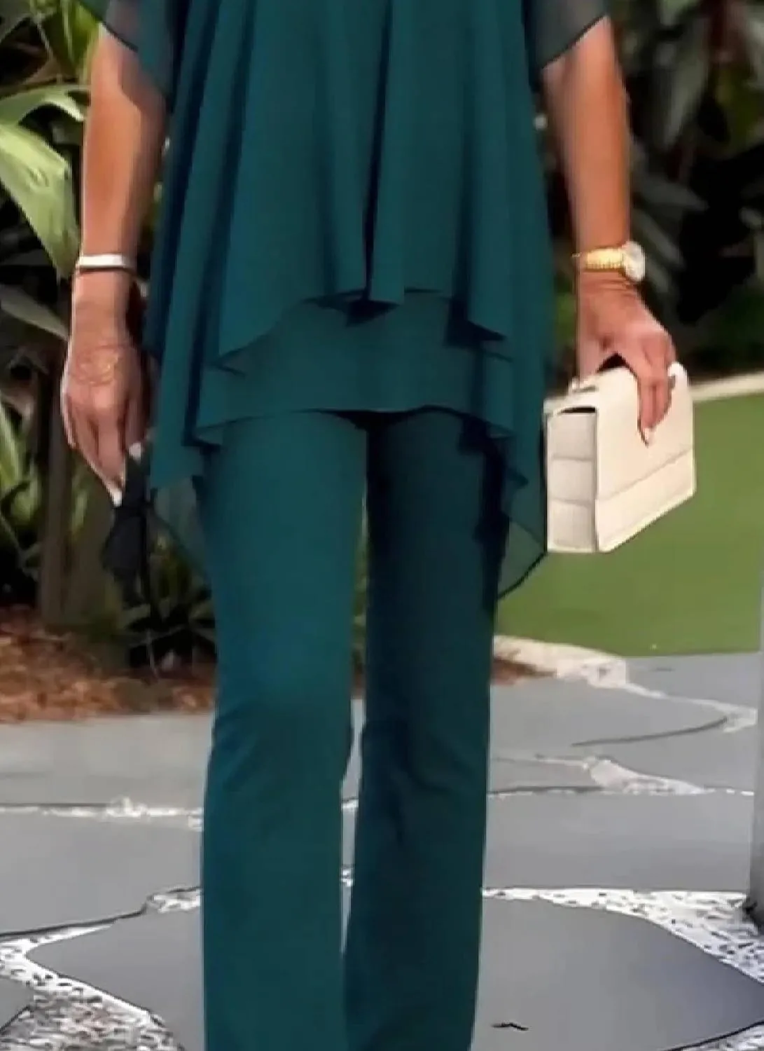 Women Summer 2 Piece Outfits Elegant Green Round Neck Short Sleeve Top Wide Leg Pants Lounge Beach Travel Sets