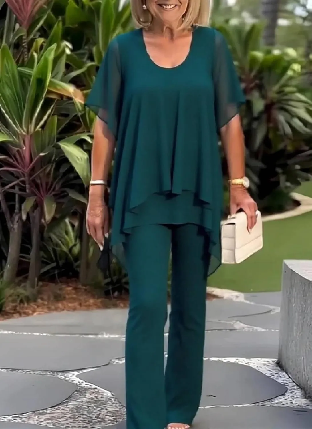 Women Summer 2 Piece Outfits Elegant Green Round Neck Short Sleeve Top Wide Leg Pants Lounge Beach Travel Sets