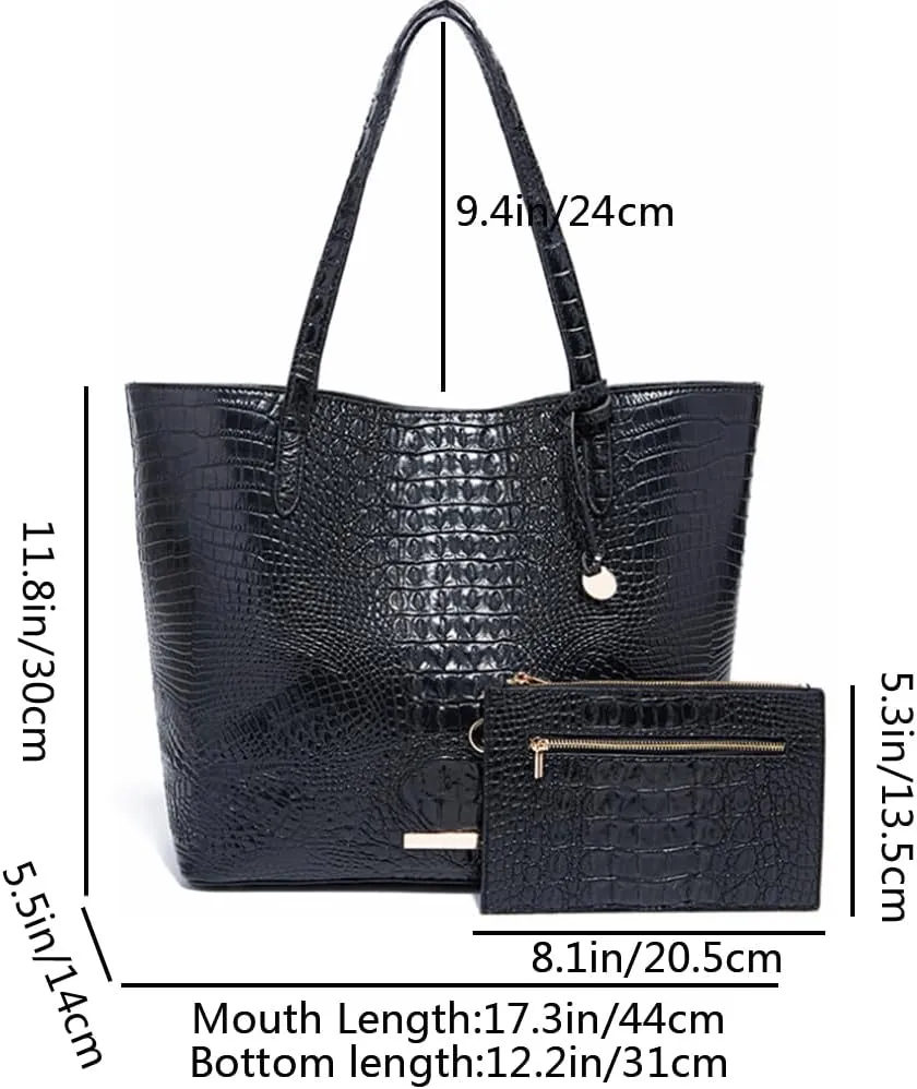 Women Tote Purses Crocodile-Embossed Pattern Shoulder Bag 2pcs PU Top Handle Handbag and Wallet