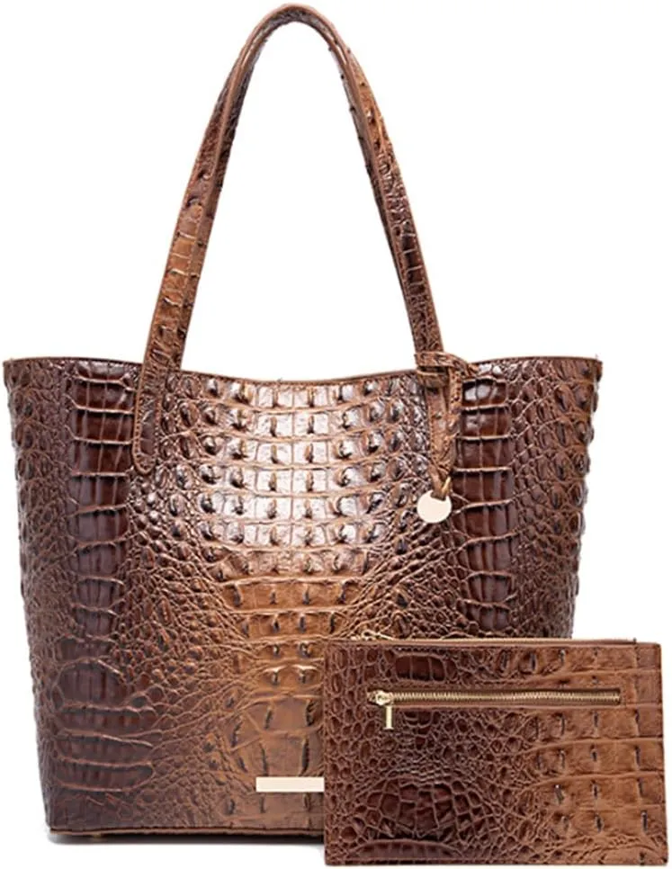 Women Tote Purses Crocodile-Embossed Pattern Shoulder Bag 2pcs PU Top Handle Handbag and Wallet