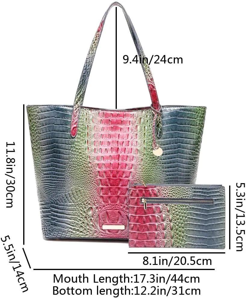 Women Tote Purses Crocodile-Embossed Pattern Shoulder Bag 2pcs PU Top Handle Handbag and Wallet