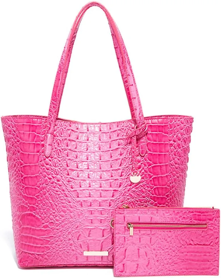Women Tote Purses Crocodile-Embossed Pattern Shoulder Bag 2pcs PU Top Handle Handbag and Wallet