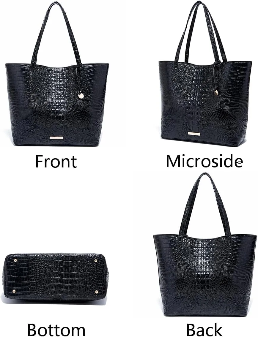 Women Tote Purses Crocodile-Embossed Pattern Shoulder Bag 2pcs PU Top Handle Handbag and Wallet