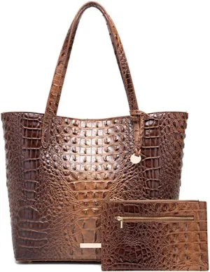 Women Tote Purses Crocodile-Embossed Pattern Shoulder Bag 2pcs PU Top Handle Handbag and Wallet