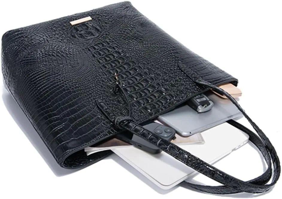 Women Tote Purses Crocodile-Embossed Pattern Shoulder Bag 2pcs PU Top Handle Handbag and Wallet