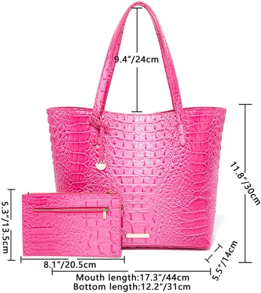 Women Tote Purses Crocodile-Embossed Pattern Shoulder Bag 2pcs PU Top Handle Handbag and Wallet