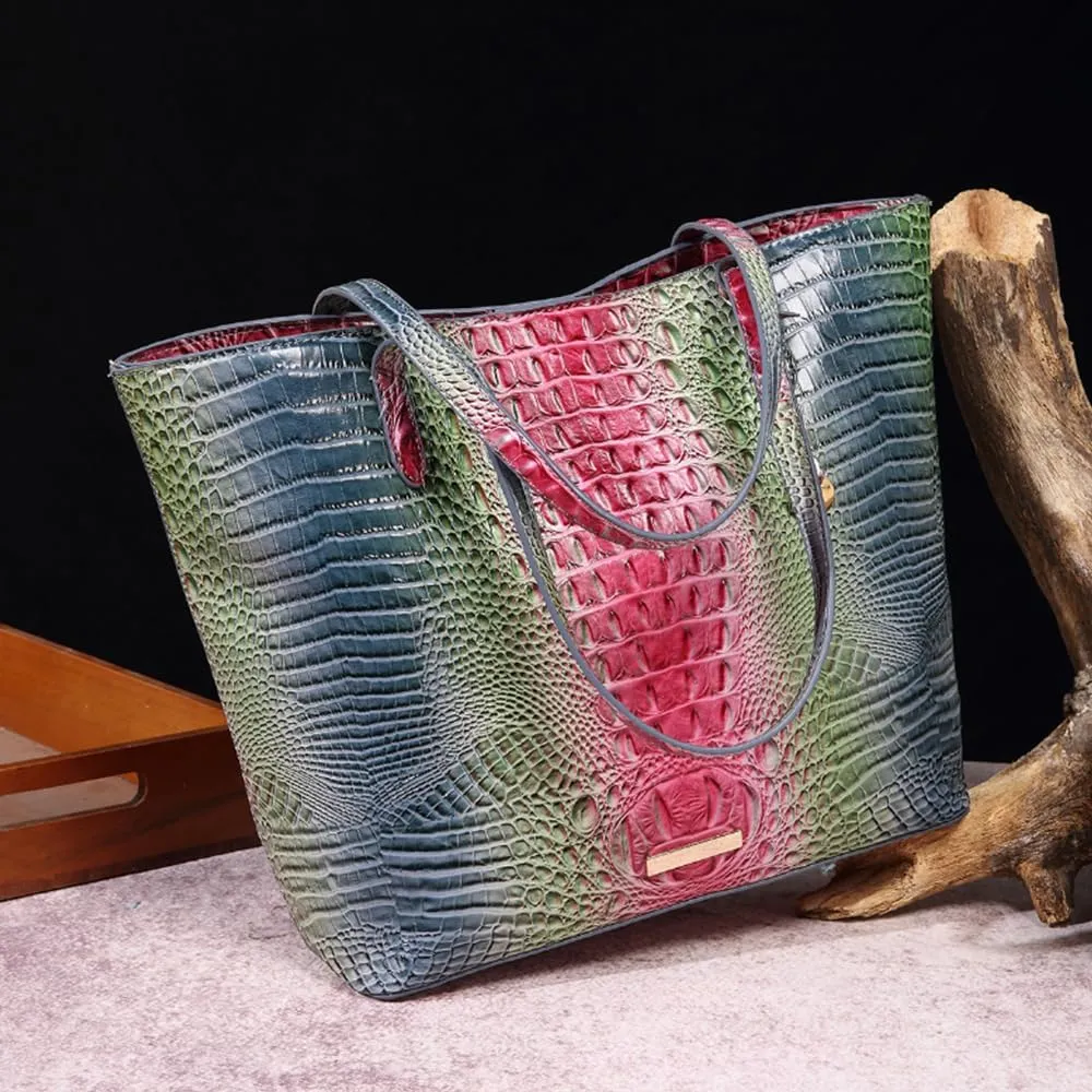 Women Tote Purses Crocodile-Embossed Pattern Shoulder Bag 2pcs PU Top Handle Handbag and Wallet
