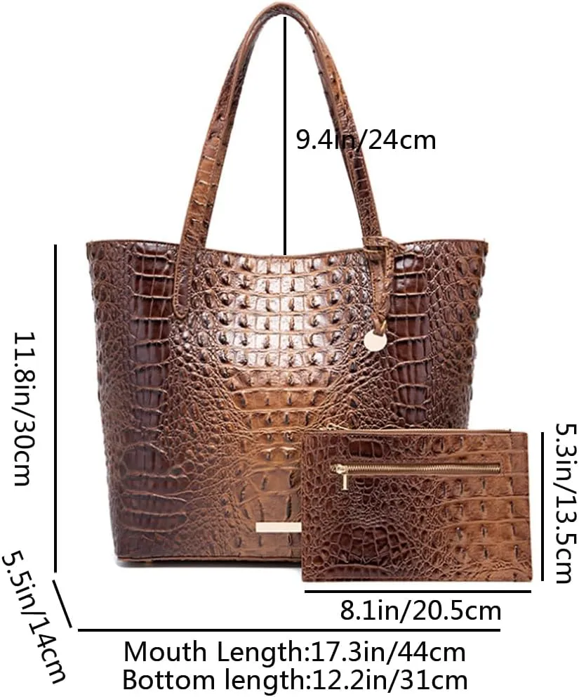 Women Tote Purses Crocodile-Embossed Pattern Shoulder Bag 2pcs PU Top Handle Handbag and Wallet