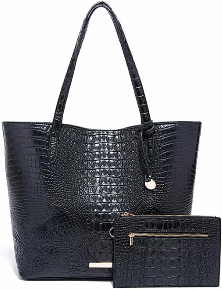 Women Tote Purses Crocodile-Embossed Pattern Shoulder Bag 2pcs PU Top Handle Handbag and Wallet