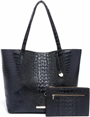 Women Tote Purses Crocodile-Embossed Pattern Shoulder Bag 2pcs PU Top Handle Handbag and Wallet