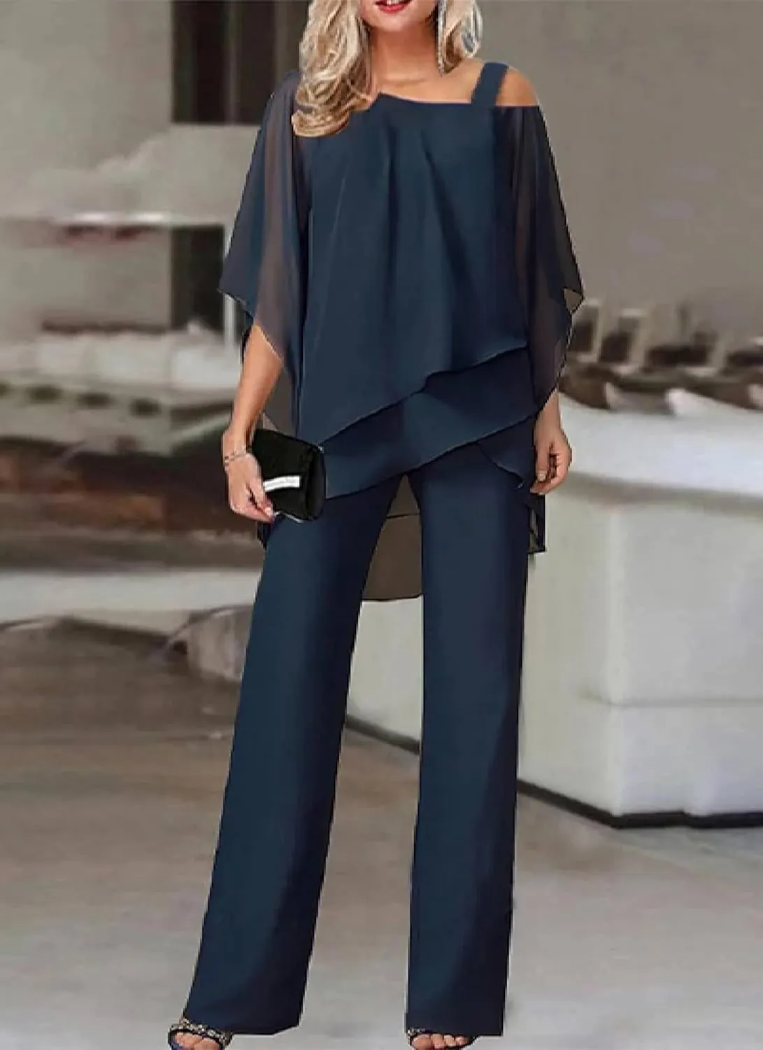 Womens 2 Piece Lounge Set 2025 Summer Casual Cold Shoulder Ruffled Tiered Top Pants Matching Travel Outfits Tracksuit