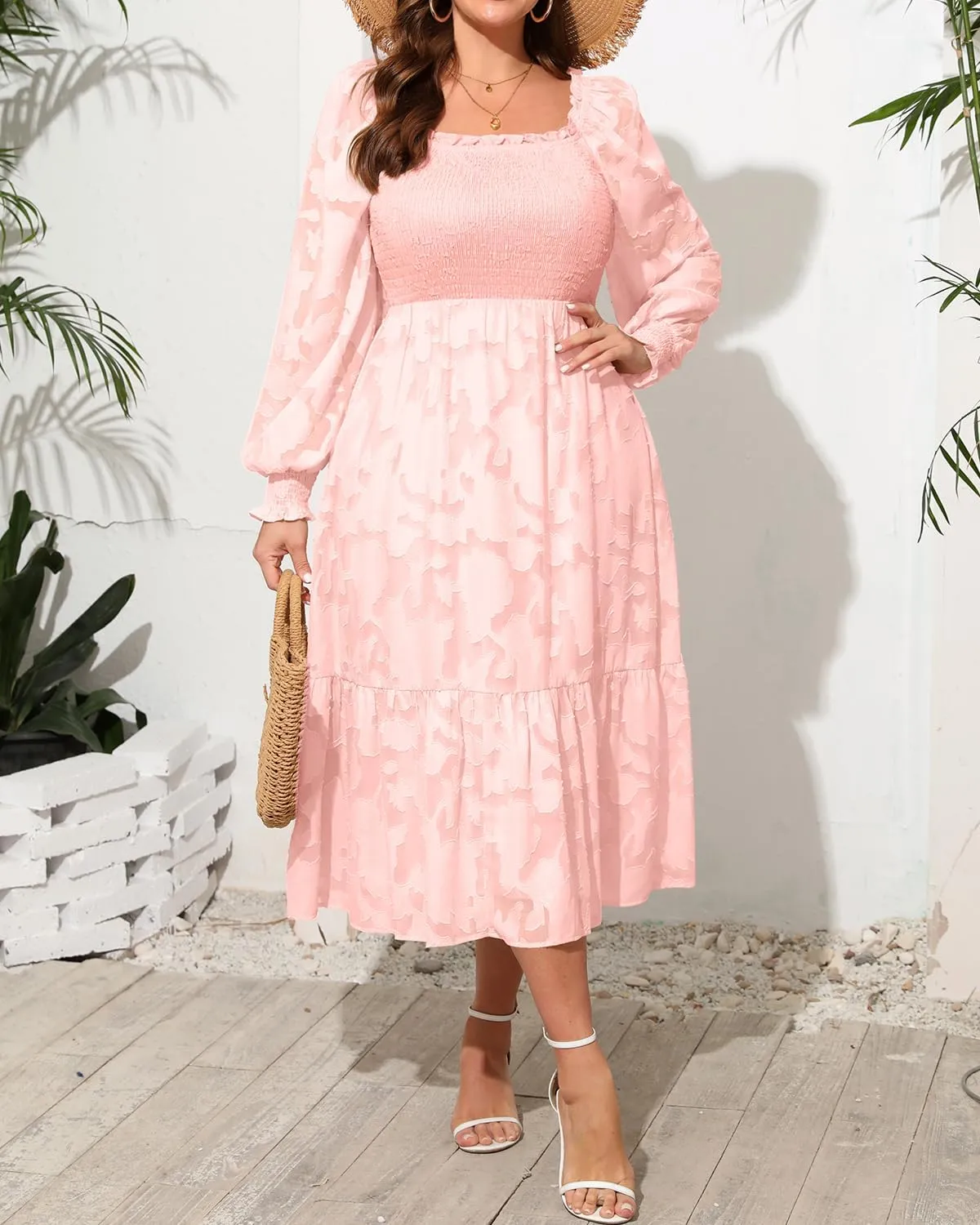 Women's 2024 Plus Size Fall Dress Long Sleeve Smocked Square Neck Floral Lace Aline Flowy Midi Dress