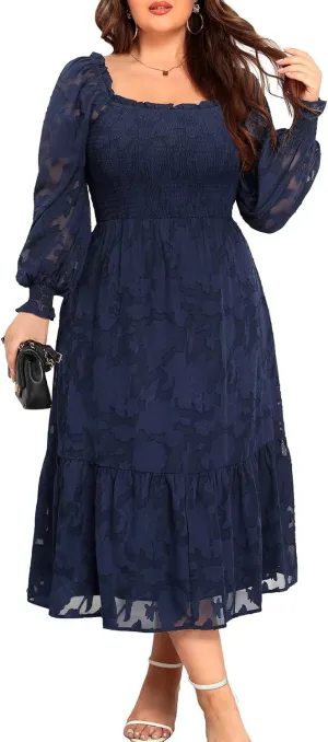 Women's 2024 Plus Size Fall Dress Long Sleeve Smocked Square Neck Floral Lace Aline Flowy Midi Dress
