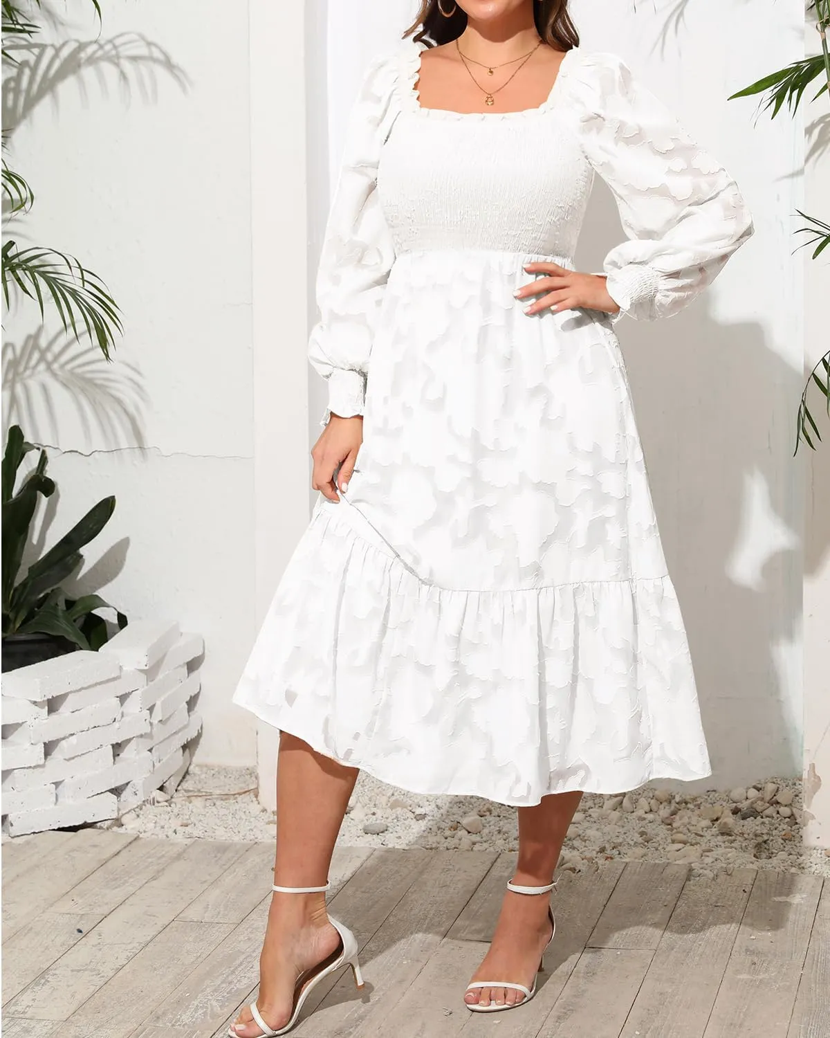 Women's 2024 Plus Size Fall Dress Long Sleeve Smocked Square Neck Floral Lace Aline Flowy Midi Dress