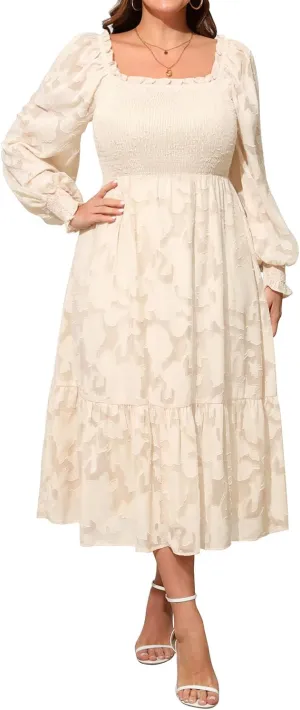 Women's 2024 Plus Size Fall Dress Long Sleeve Smocked Square Neck Floral Lace Aline Flowy Midi Dress