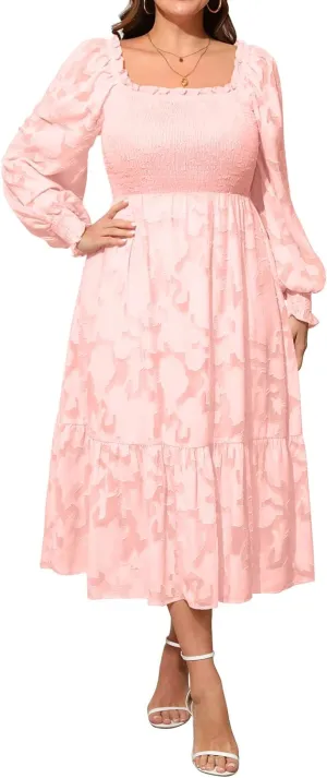 Women's 2024 Plus Size Fall Dress Long Sleeve Smocked Square Neck Floral Lace Aline Flowy Midi Dress