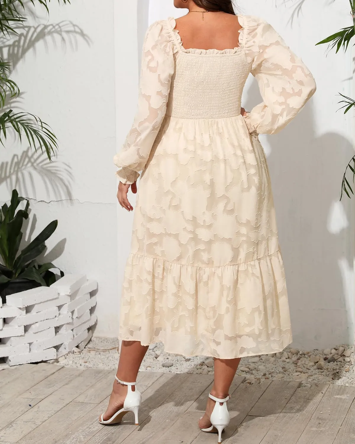 Women's 2024 Plus Size Fall Dress Long Sleeve Smocked Square Neck Floral Lace Aline Flowy Midi Dress